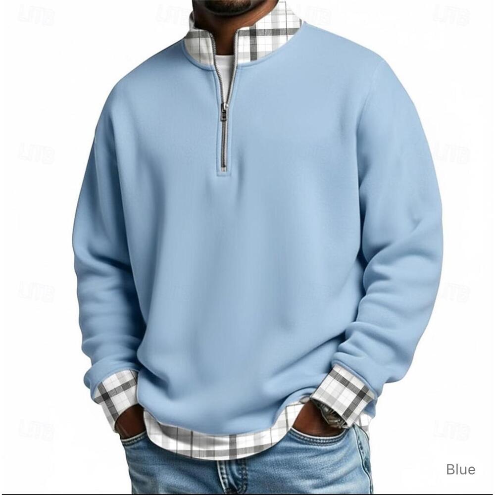 Men's Plaid Zip Polo Blue Long Sleeve 2XL